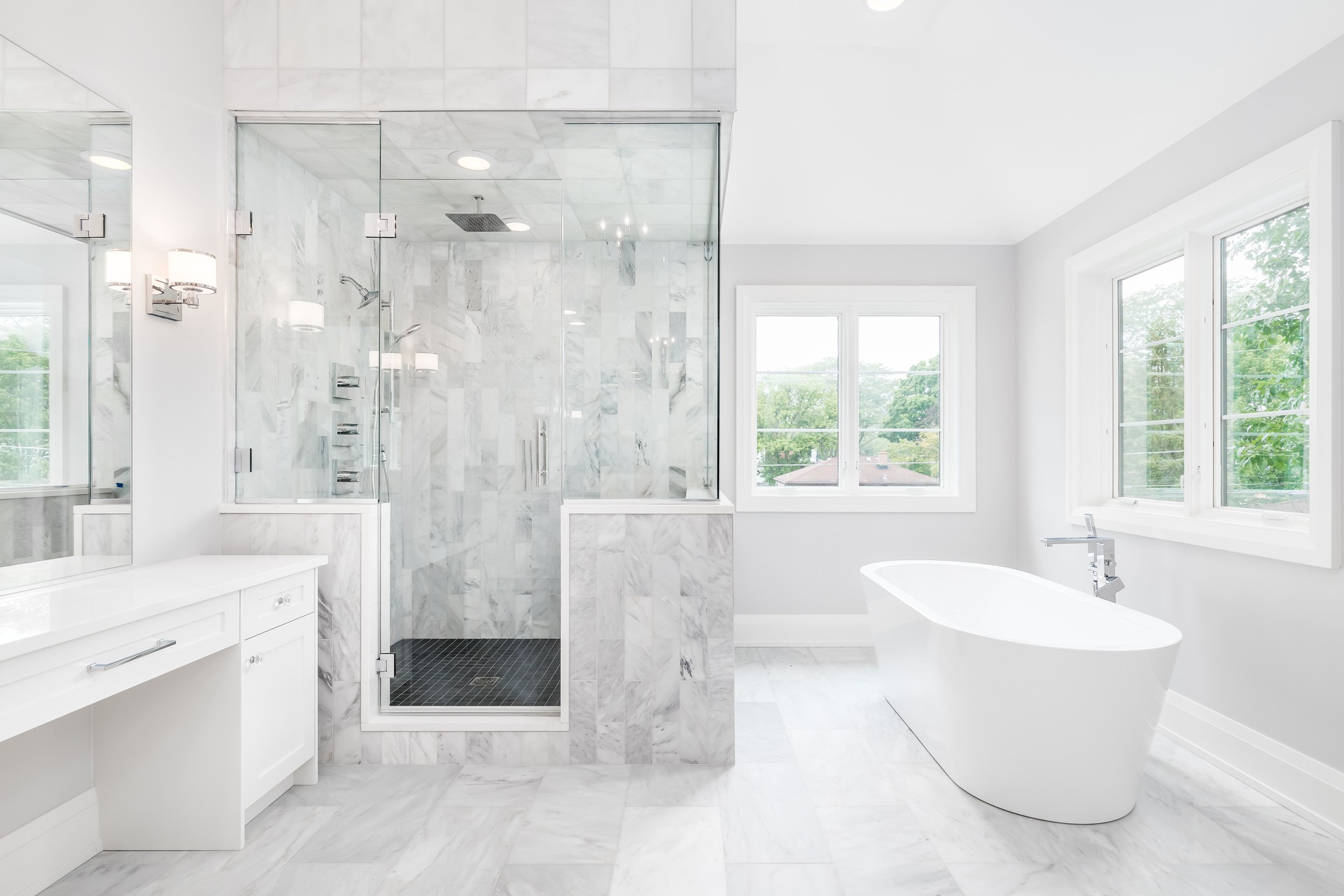 A luxury bathroom with simulated shower walls.